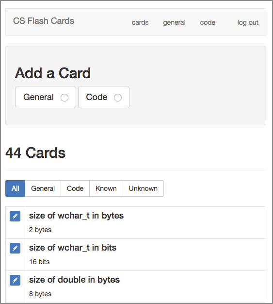 computer science flash cards - card management user interface